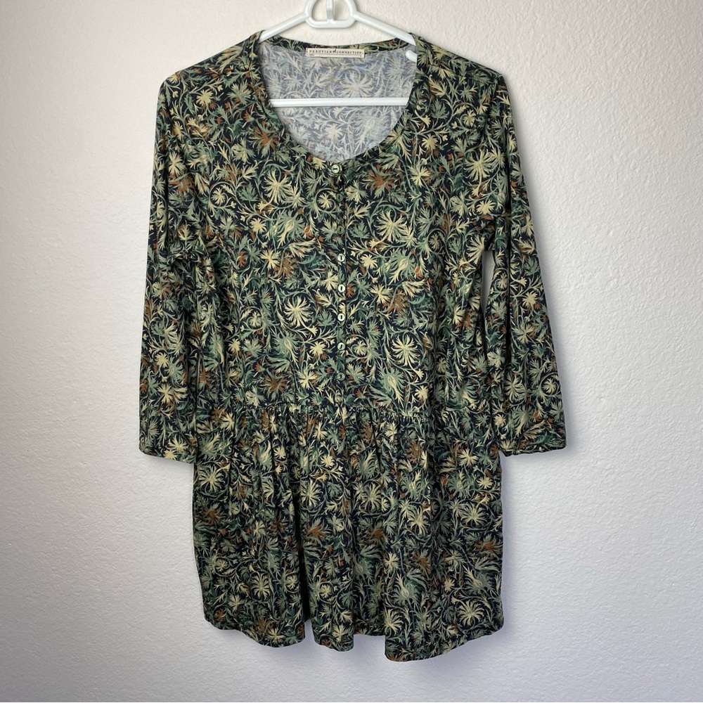 Peruvian Connection Green Brown Leaves Floral Peplum Top Small Cotton Modal
